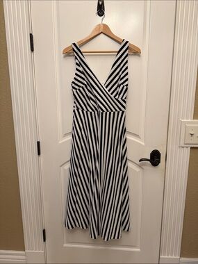 Boden Black and White Striped Sleeveless Wrap Midi Dress